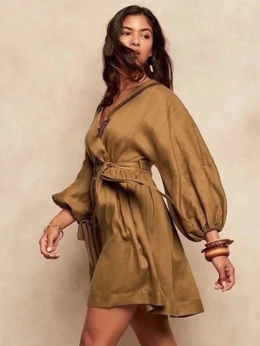 Banana Republic Mustard Olive-Brown Wrap Mini Dress Balloon Sleeves Size 8